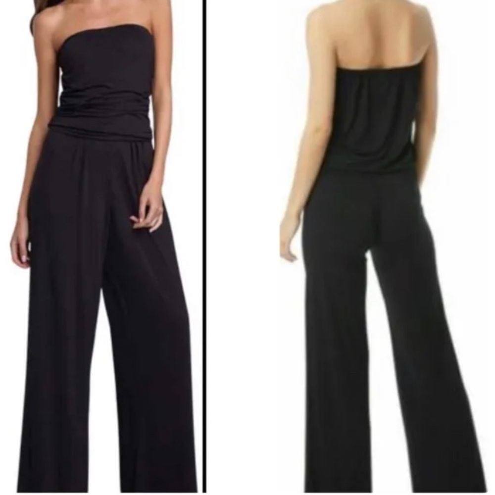 Carmen Marc Valvo Black Jersey Bandeau Bare Shoulders Sleeveless Romper Jumpsuit